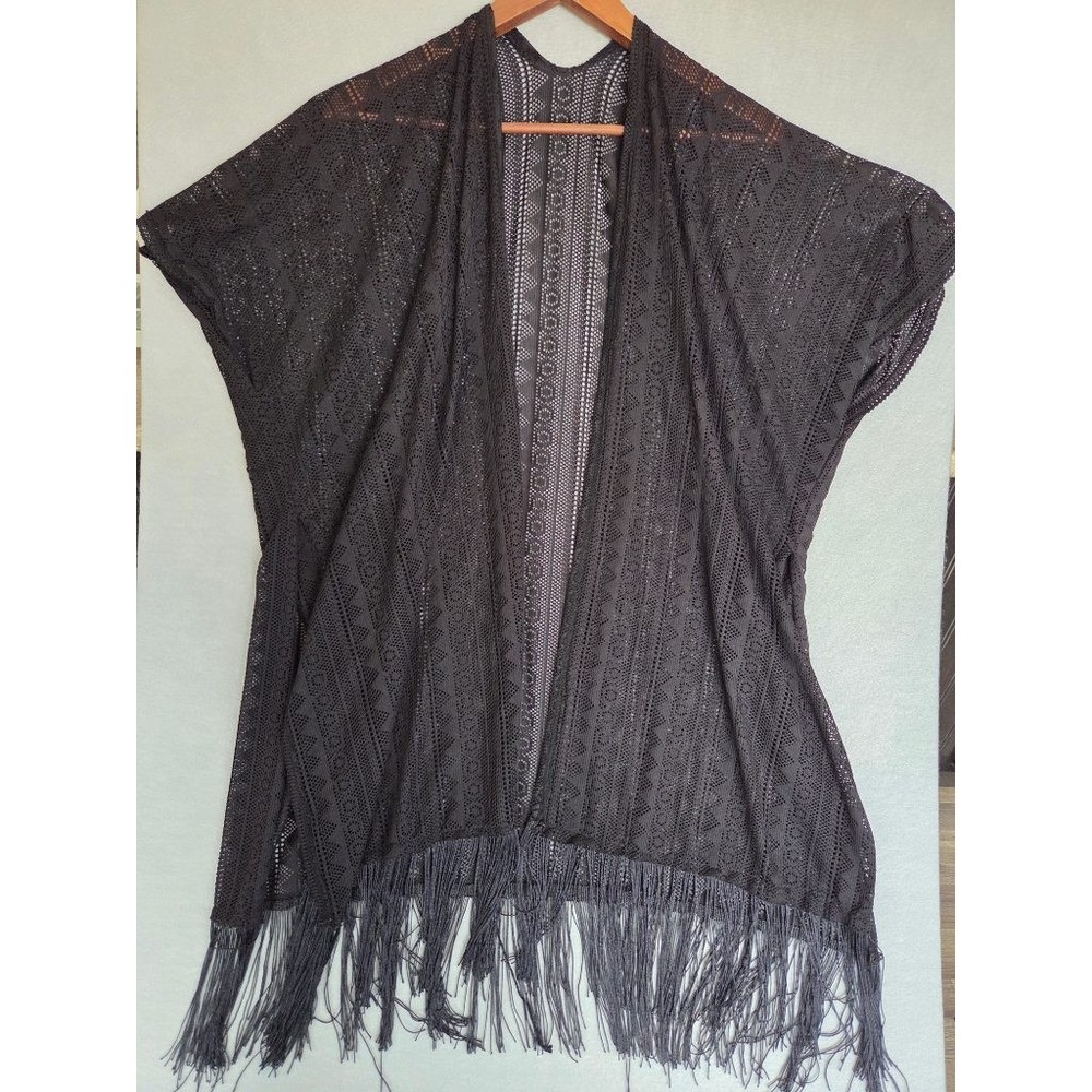Boho Fringe Kimono Crochet Lace Duster OS Fairy Grunge Festival Cardigan Black
